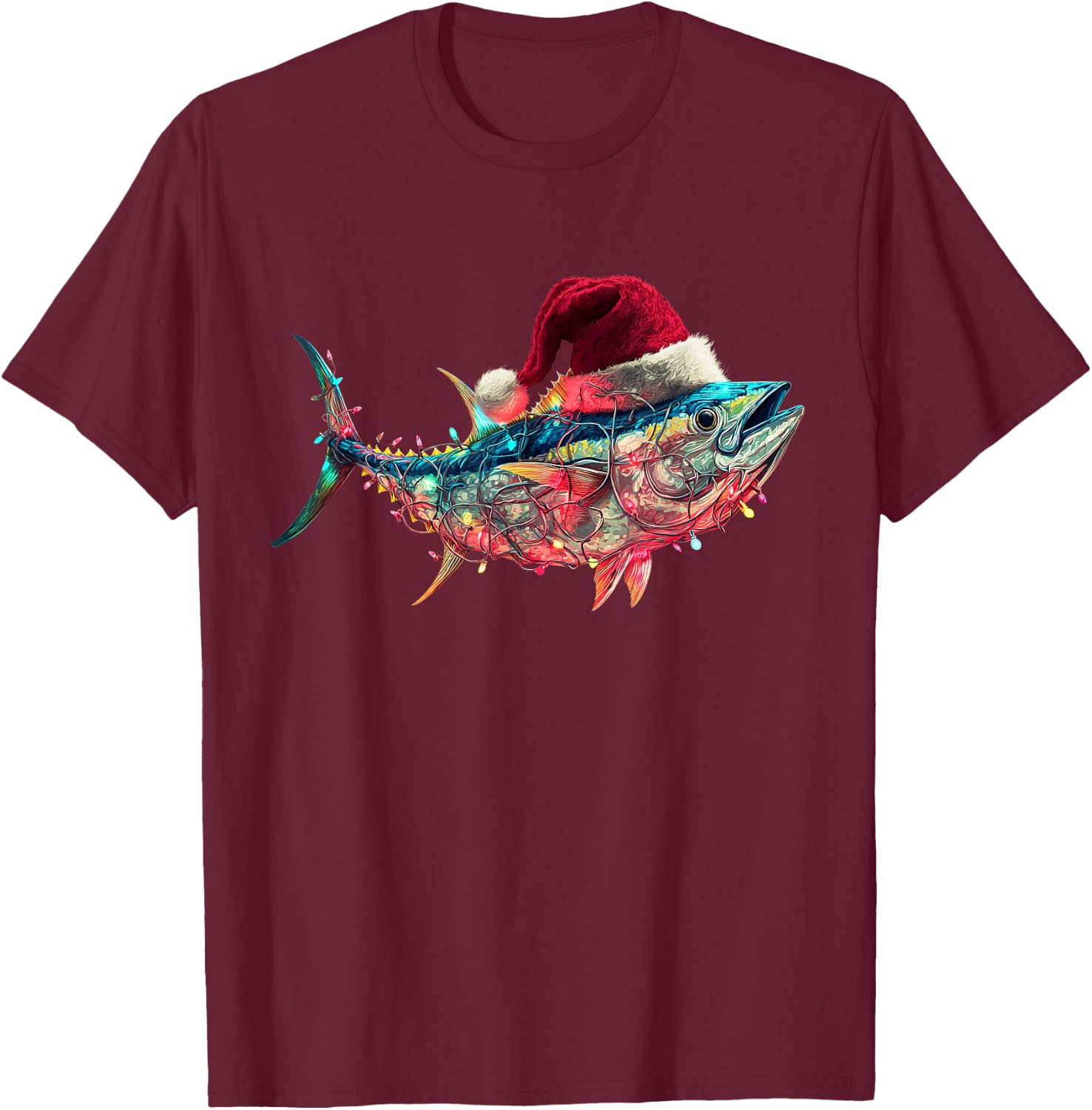 Christmas Tuna Fish Funny Fishing Santa Hat Lights T-Shirt - T-Shirt | Maroon