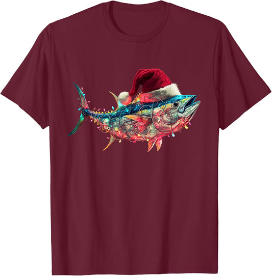 Christmas Tuna Fish Funny Fishing Santa Hat Lights T-Shirt - T-Shirt | Maroon