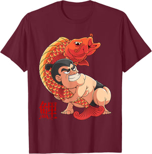Fighting the Giant Carp Japanese Sumo Wrestler T-Shirt - T-Shirt | Maroon