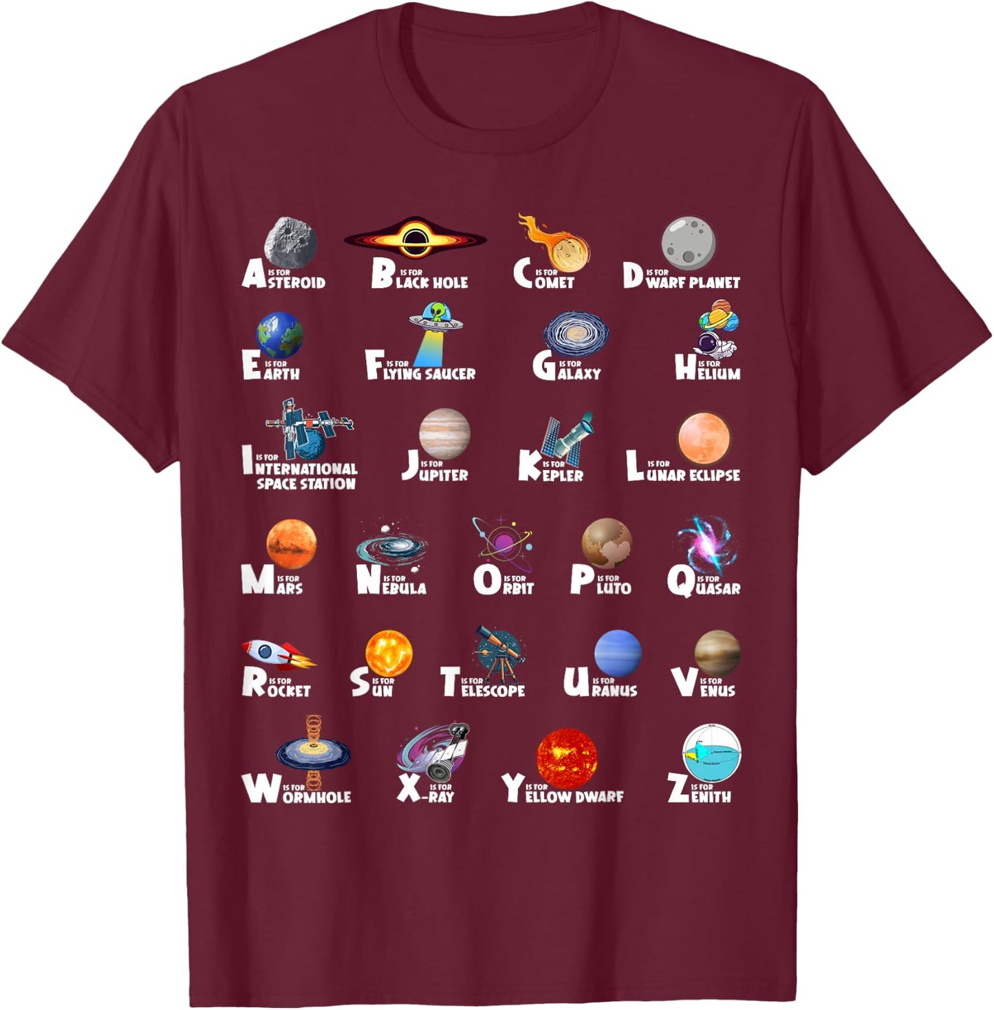 Outer Space Kids ABC Types Of Planet Identification Alphabet T-Shirt - T-Shirt | Maroon