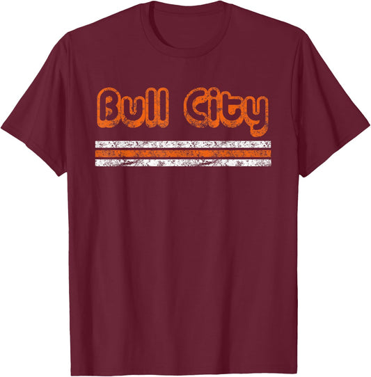 Durham Bull City Retro Three Stripe Vintage Weathered T-Shirt - T-Shirt | Maroon
