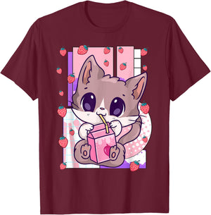 Cute Kawaii Cat Strawberry Milk Anime Neko Shake T-Shirt - T-Shirt | Maroon