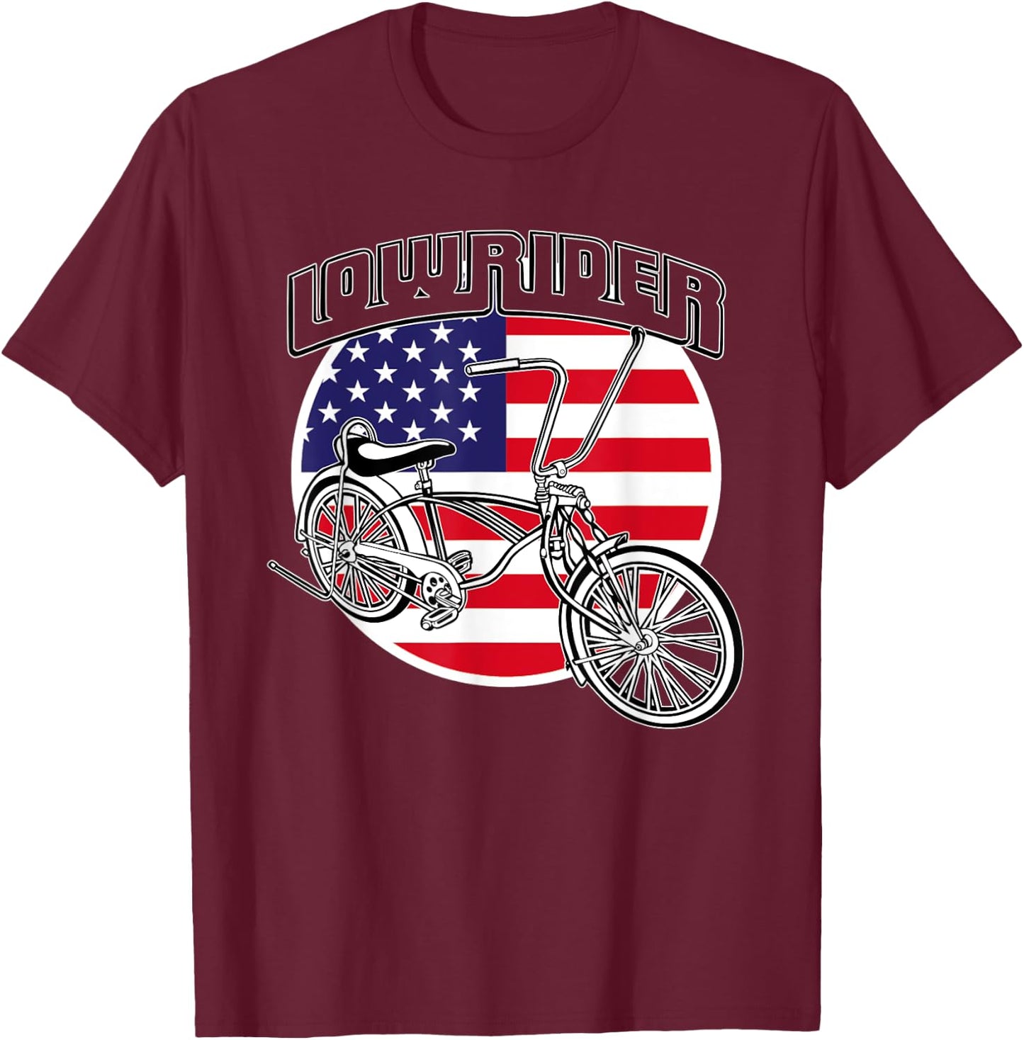 Low Rider Bicycle American Flag Chicano Lowrider Bike T-Shirt - T-Shirt | Maroon