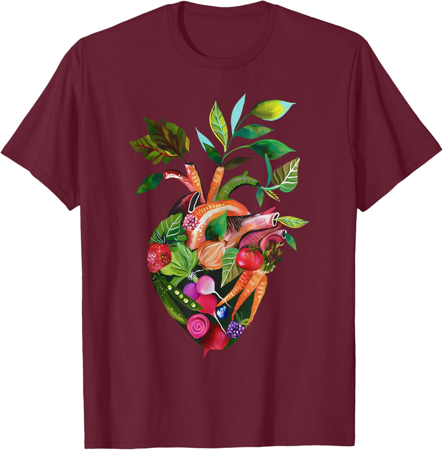 Watercolor Anatomical Heart With Vegetable Vegans Gardeners T-Shirt - T-Shirt | Maroon