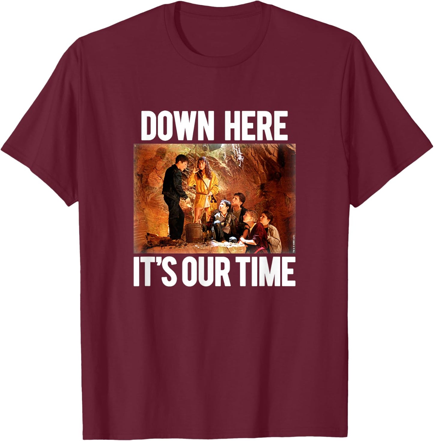 The Goonies Down Here It's Our Time Cave Photo Movie T-Shirt - T-Shirt | Maroon