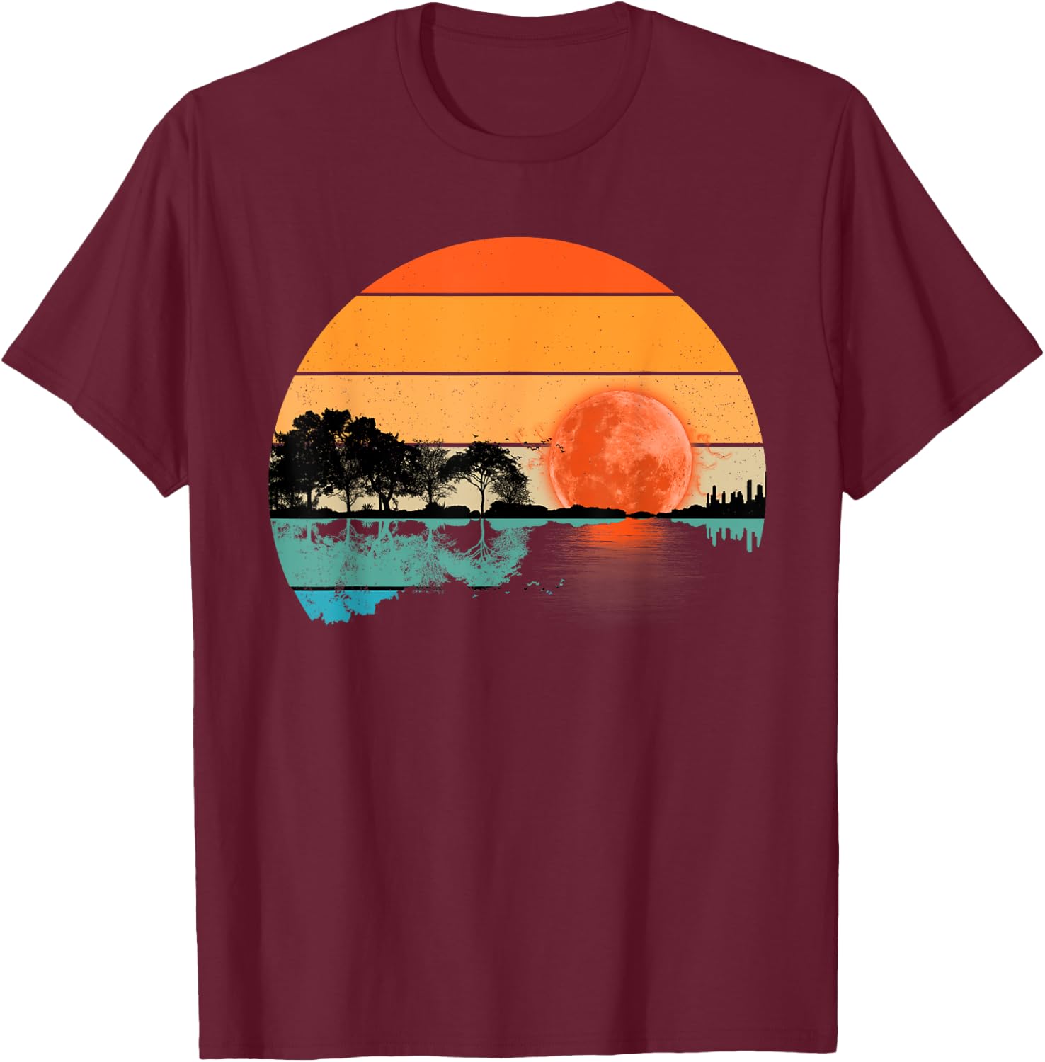 Funny Retro Guitar Lake Sunset Guitarist Music Lover T-Shirt - T-Shirt | Maroon