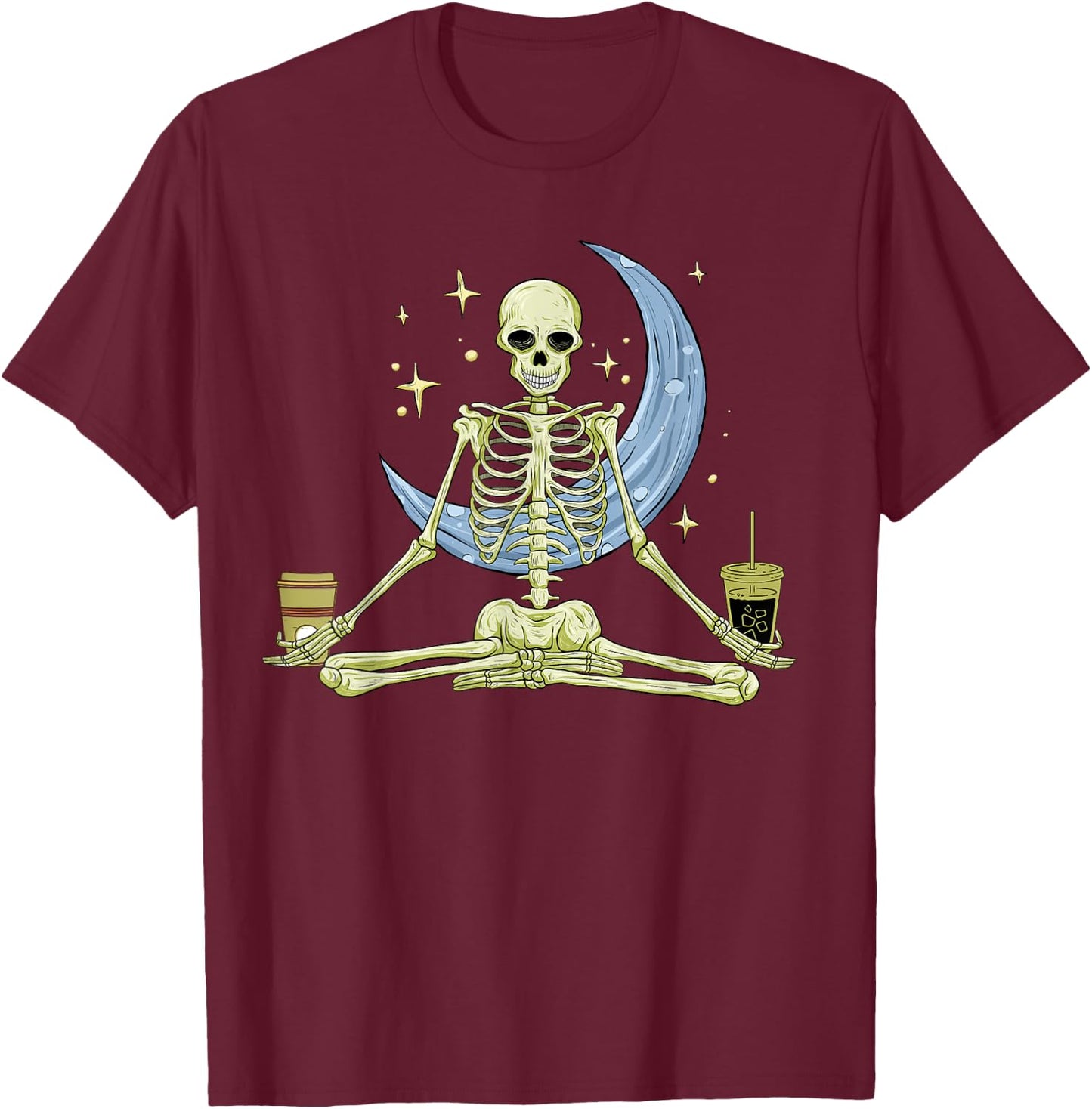 Skeleton Doing Yoga And Drinking Coffee Funny Meditation T-Shirt - T-Shirt | Maroon