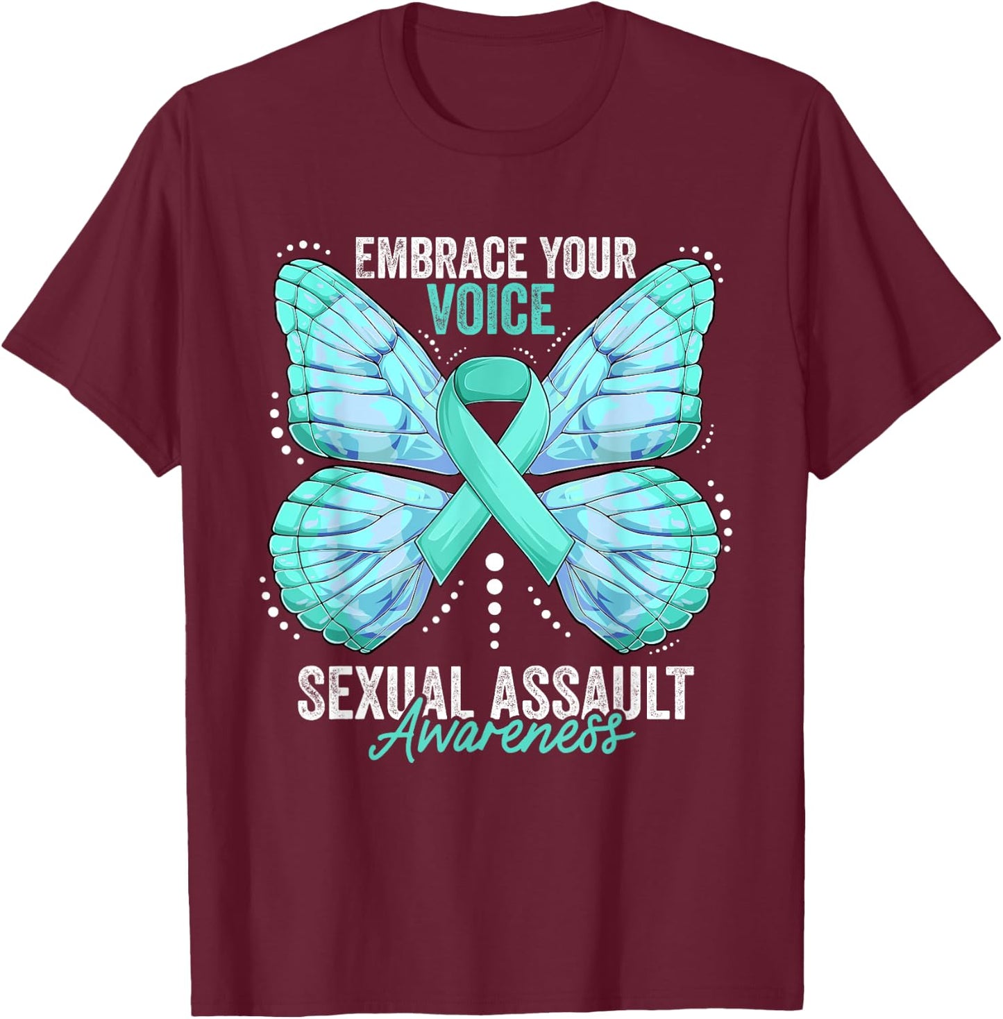 Sexual Assault Awareness Month Butterfly Teal Ribbon T-Shirt - T-Shirt | Maroon