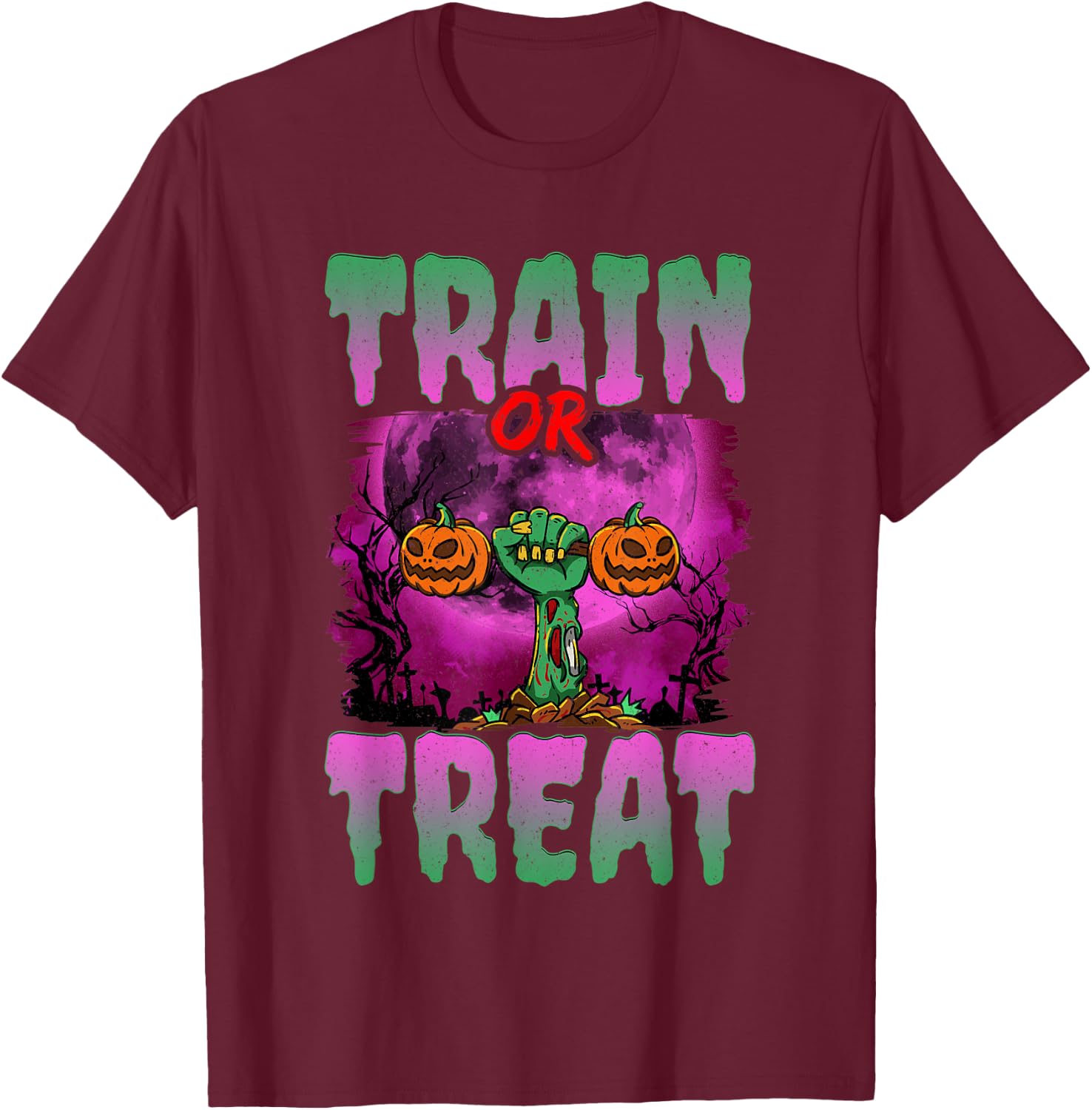 Train Or Treat Halloween Gym Weightlifting Zombie Fitness T-Shirt - T-Shirt | Maroon