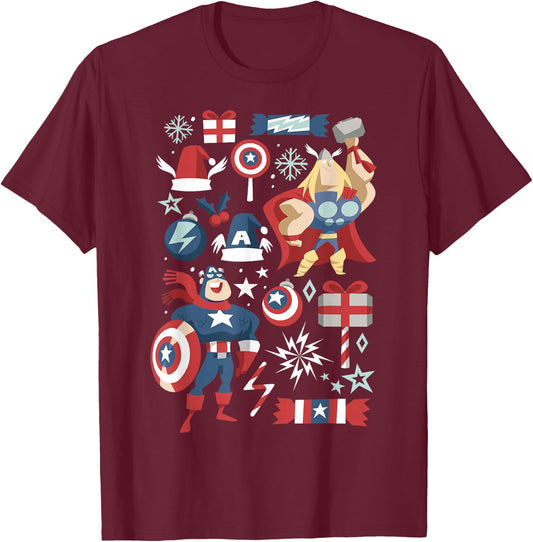 Marvel Thor Captain America Holiday Mashup Christmas T-Shirt - T-Shirt | Maroon