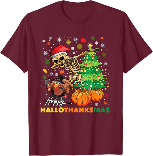 Happy Hallothanksmas Halloween Thanksgiving Christmas T-Shirt - T-Shirt | Maroon