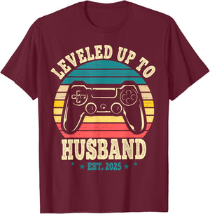 Leveled Up To Husband est 2025 Newly Married Bachelor Party T-Shirt - T-Shirt | Maroon