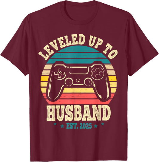 Leveled Up To Husband est 2025 Newly Married Bachelor Party T-Shirt - T-Shirt | Maroon