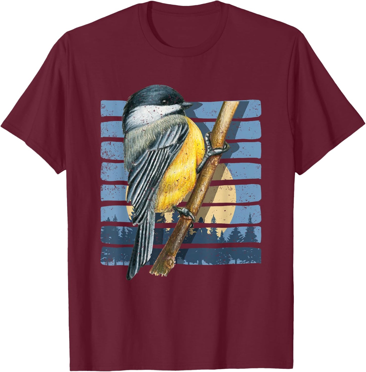 Retro Bird Watcher Chickadee Nature Forest Moon Birds T-Shirt - T-Shirt | Maroon