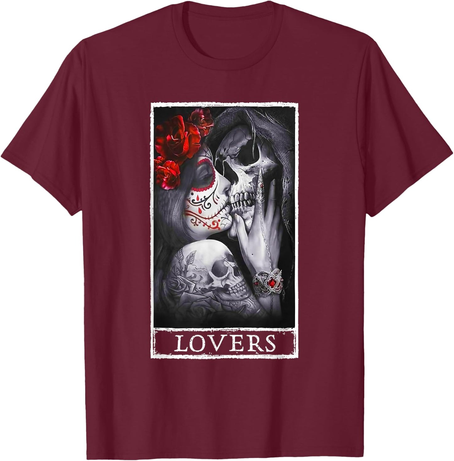Woman Kissing Skeleton Skull Lovers Red Roses Goth Couple T-Shirt - T-Shirt | Maroon