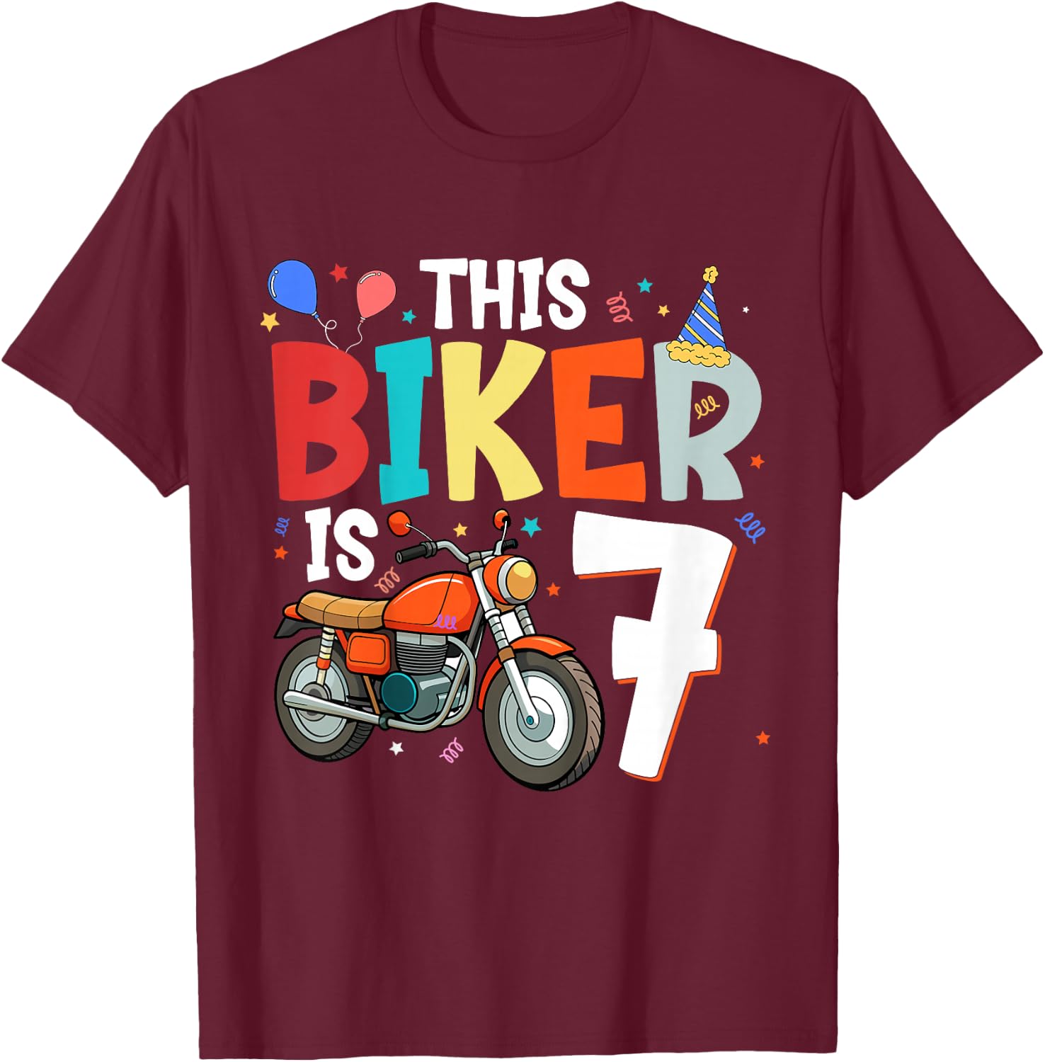 Kids Motorcycle 7th Birthday 7 Seventh Seven Yr Old Biker Boys T-Shirt - T-Shirt | Maroon