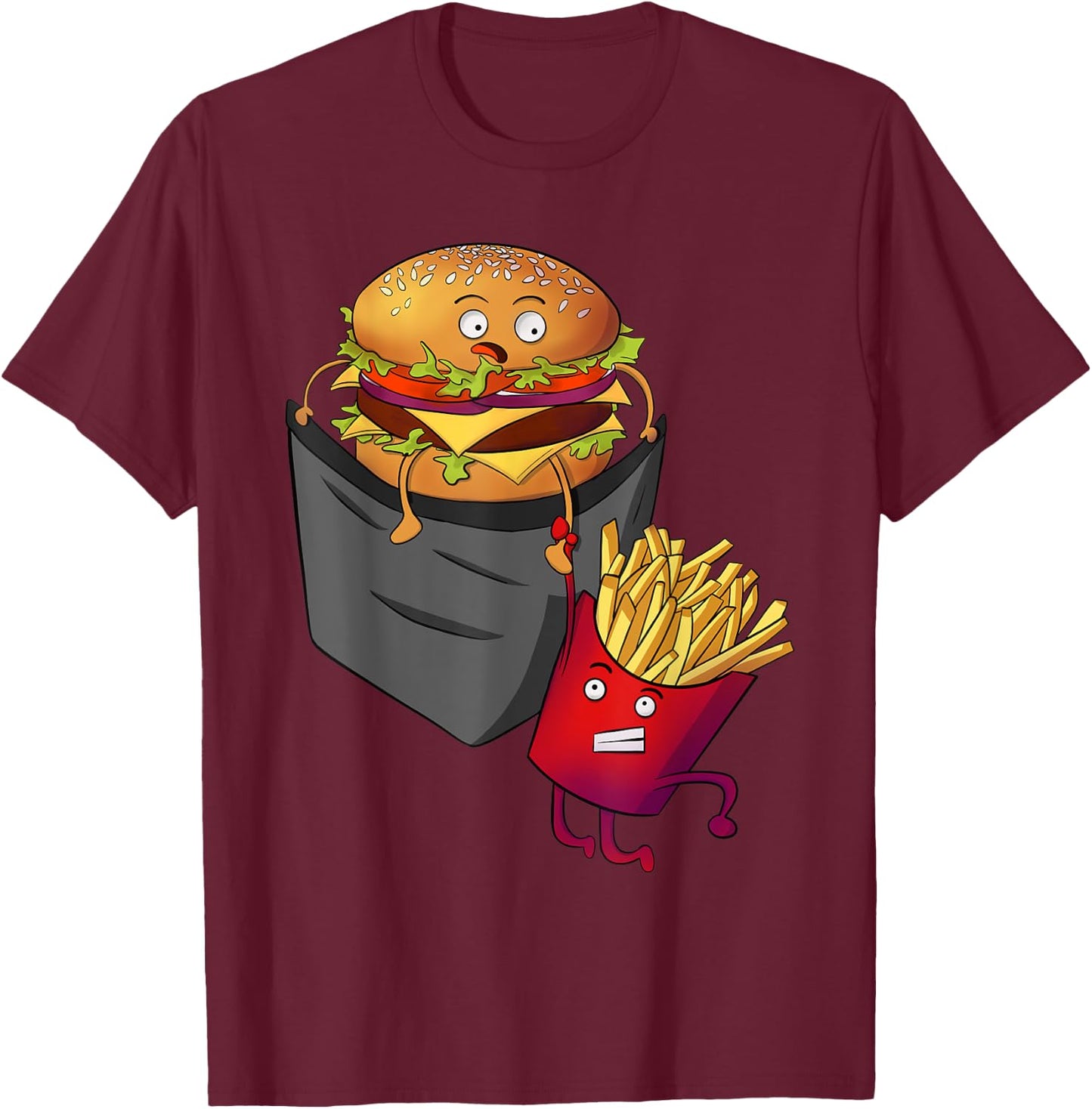 Fast Food in Pocket - Fries Burger Pommes Frites Potato T-Shirt - T-Shirt | Maroon