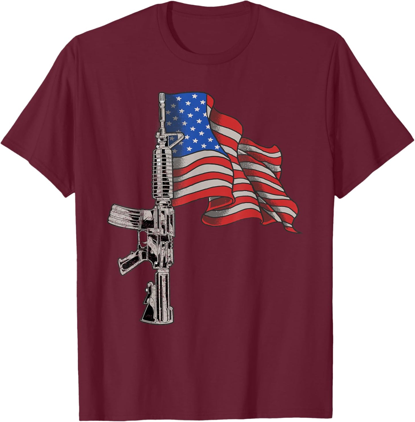 AR-15 Assault Rifle USA Flag Gun - Distressed American Flag T-Shirt - T-Shirt | Maroon