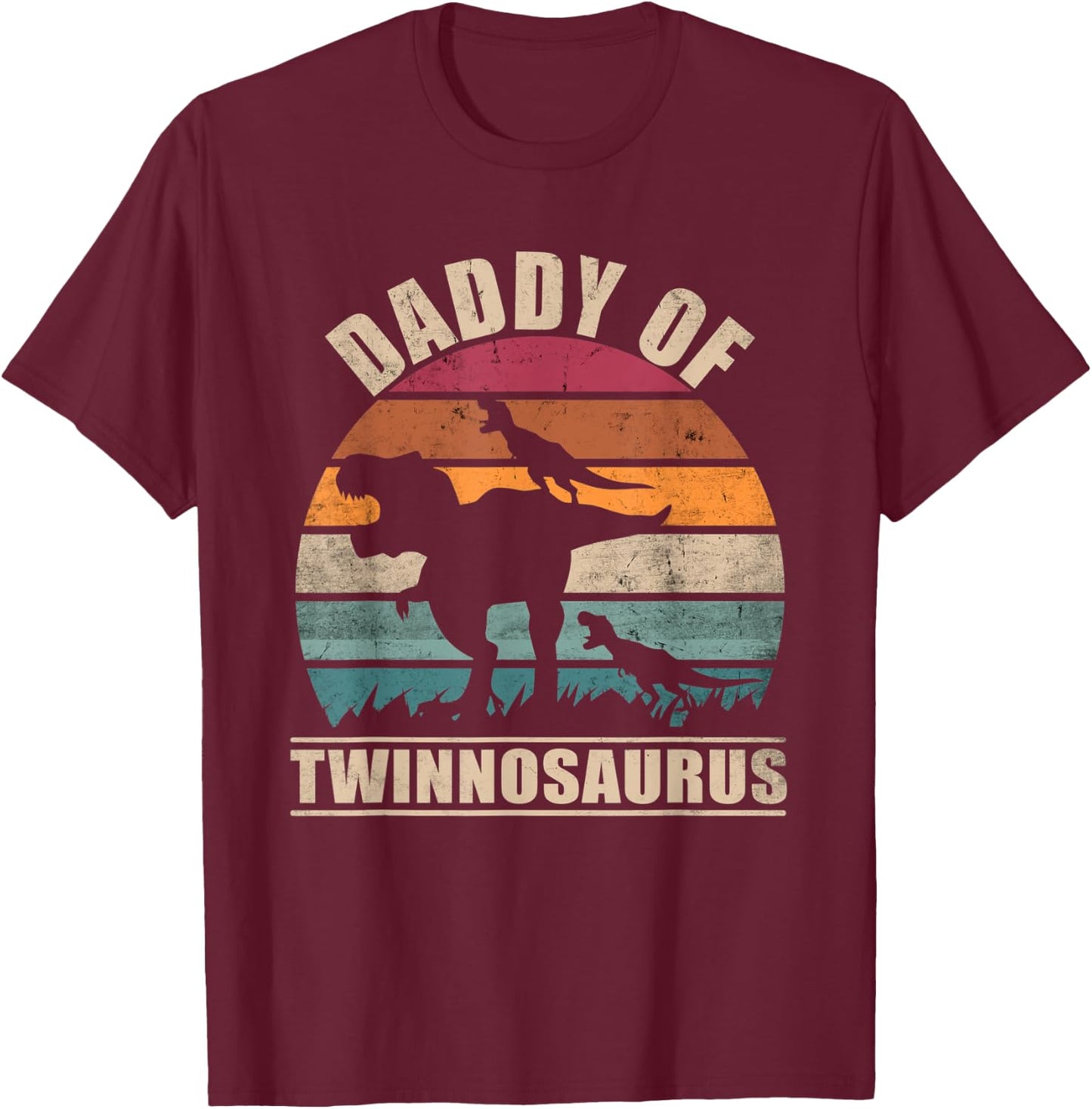Dad of Twins Daddysaurus Pun Fathers Day Daddy of Twins T-Shirt - T-Shirt | Maroon