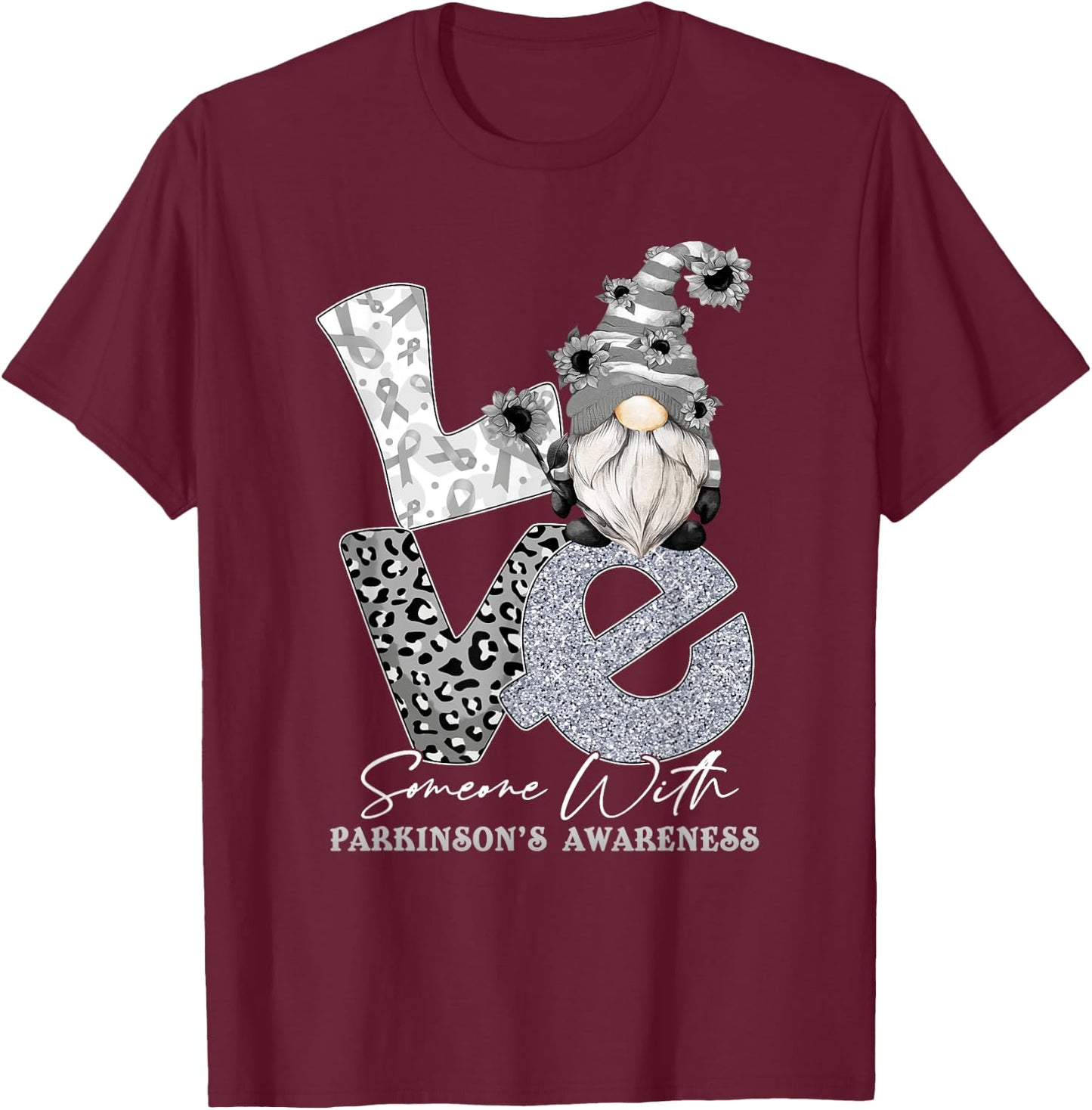 Silver Ribbon Gnome Love Someone With Parkinson's Awareness T-Shirt - T-Shirt | Maroon