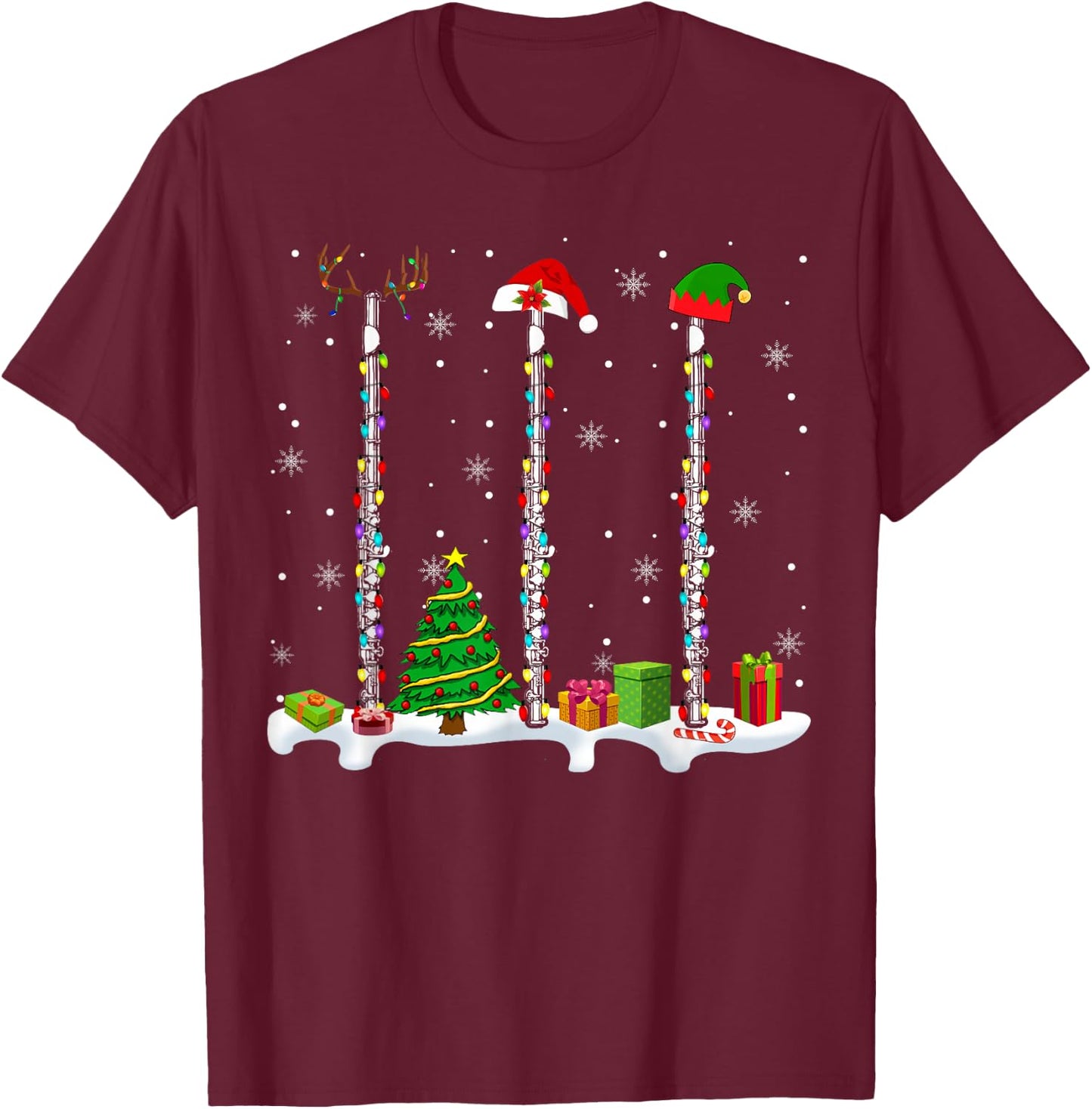 Santa Elf Reindeer Flute Christmas Light Musical Instrument T-Shirt - T-Shirt | Maroon