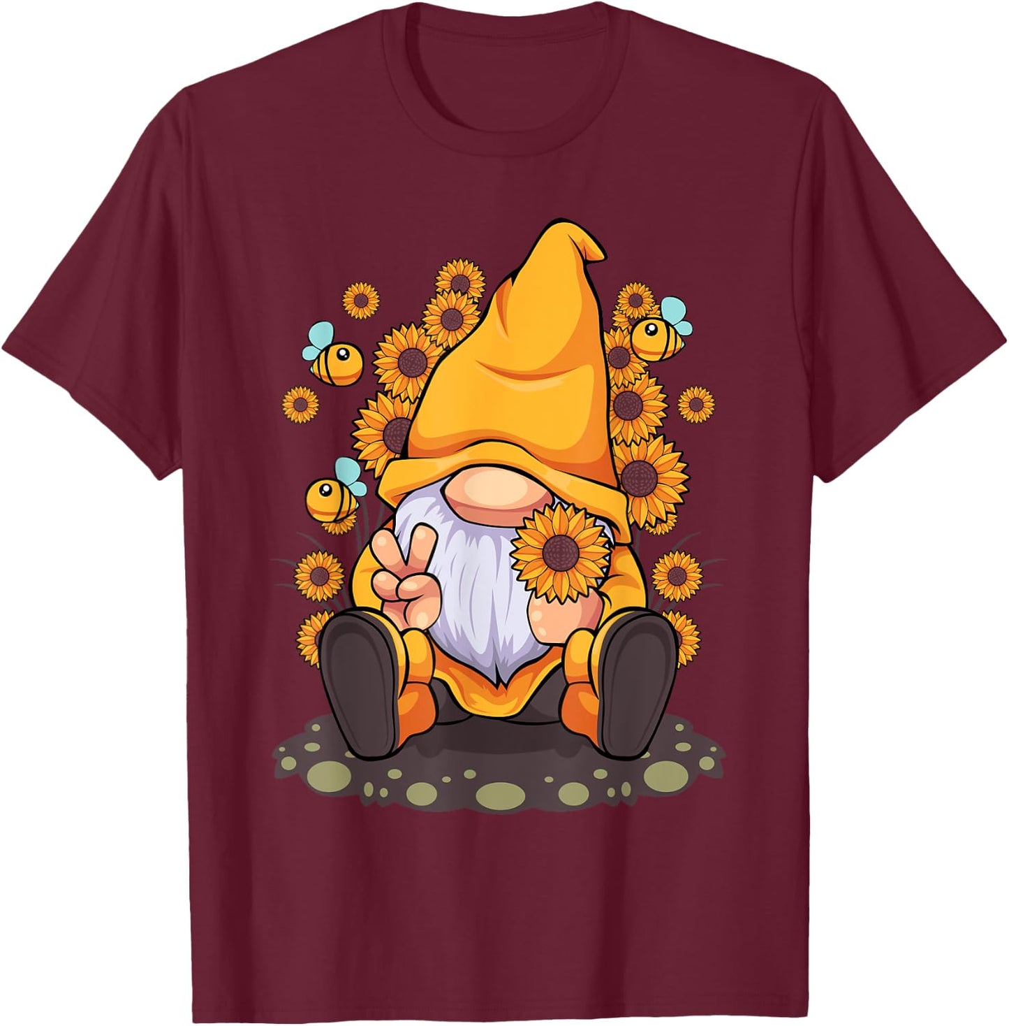 Funny Hippie Sunflower Gnome with Bee Flower Summer Men Women T-Shirt - T-Shirt | Maroon