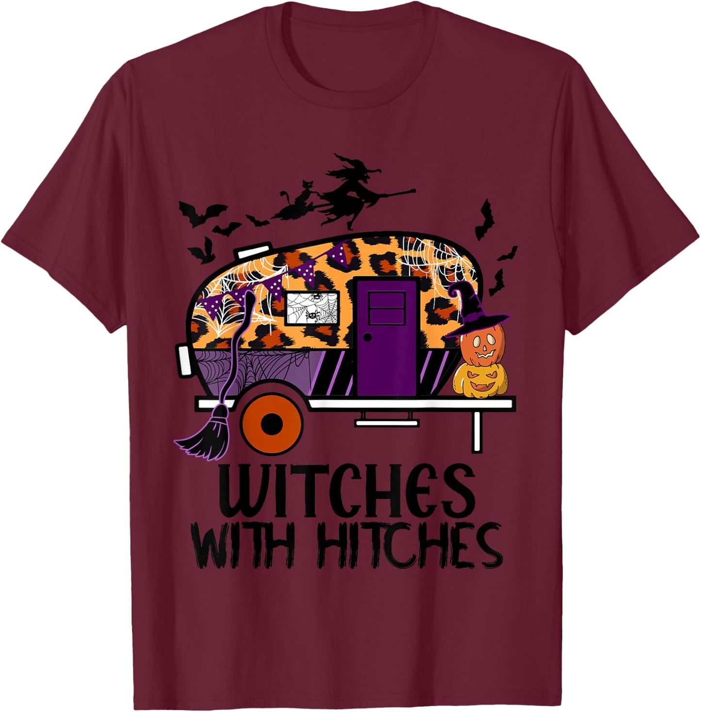 d2Ab Leopard Camping RV Witches With Hitches Halloween Party T-Shirt - T-Shirt | Maroon