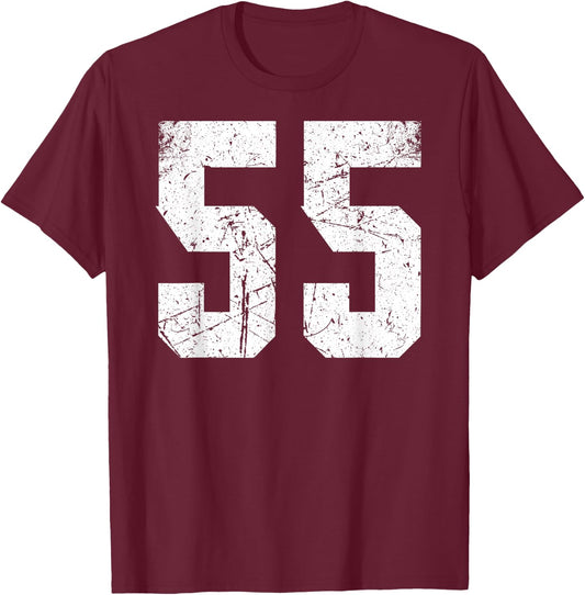 Number #55 Sport White Vintage Uni Number T-Shirt - T-Shirt | Maroon
