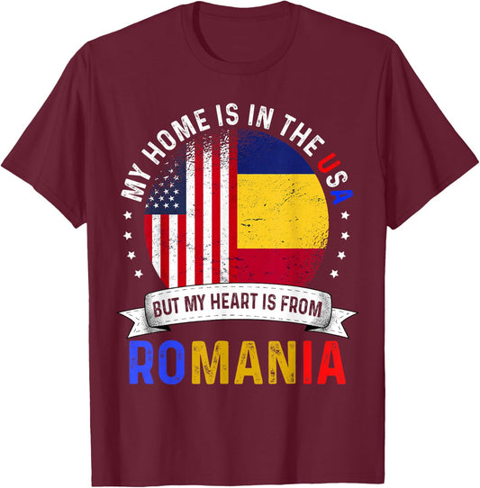 Romanian American Patriot Heart is from Romania Flag T-Shirt - T-Shirt | Maroon