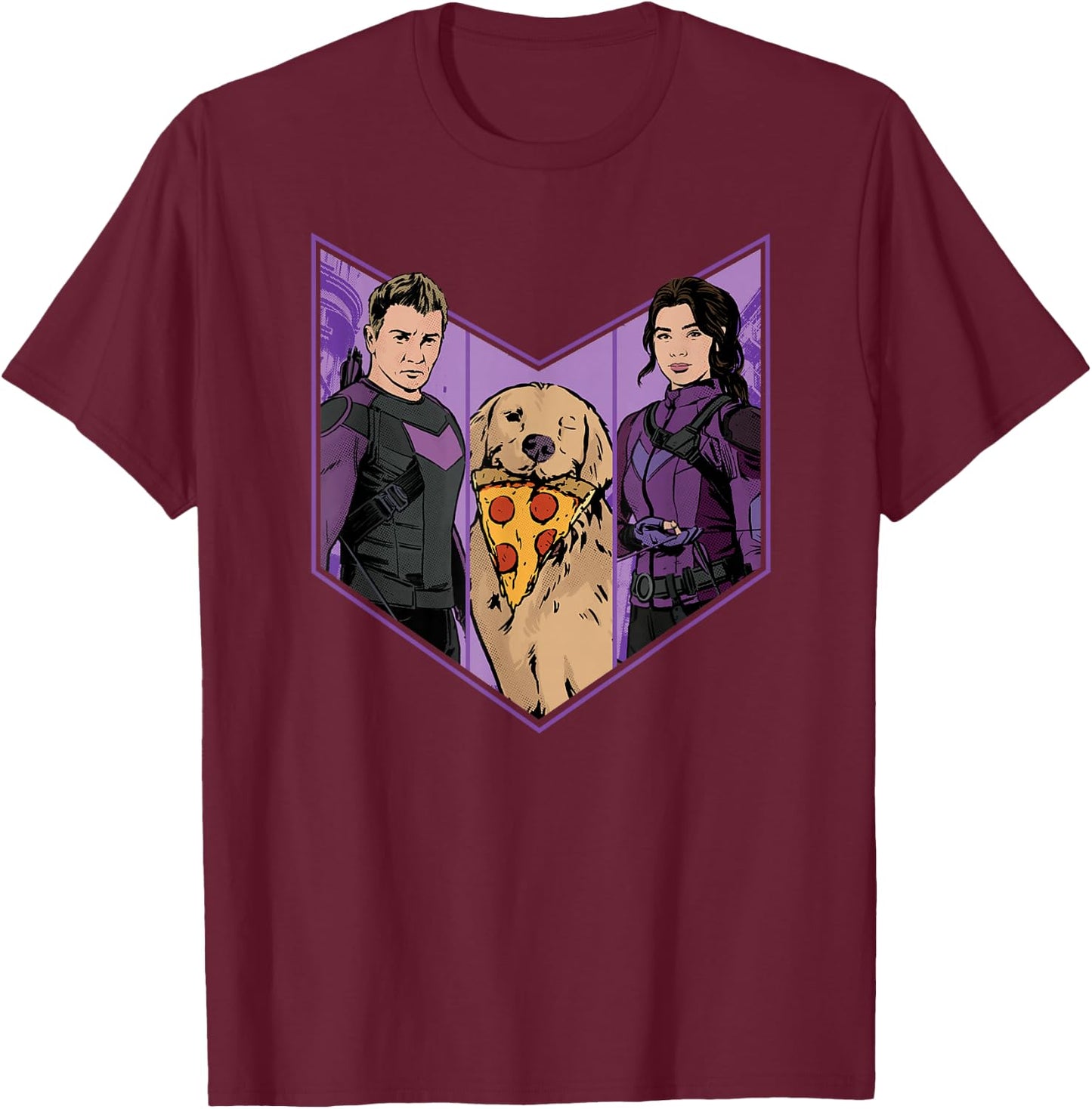 Marvel Hawkeye Clint Barton Kate Bishop and Lucky Arrow T-Shirt - T-Shirt | Maroon