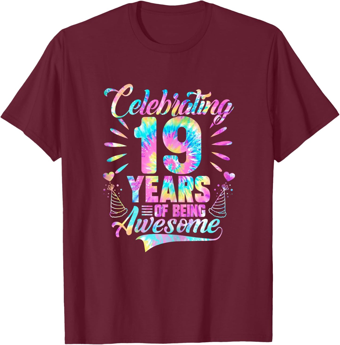 Celebrating 19 Year Of Being Awesome With Tie-dye Graphic T-Shirt - T-Shirt | Maroon