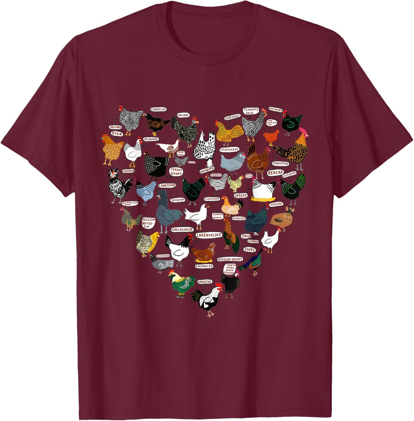 Funny Heart Design List Of Chicken Breeds T-Shirt - T-Shirt | Maroon