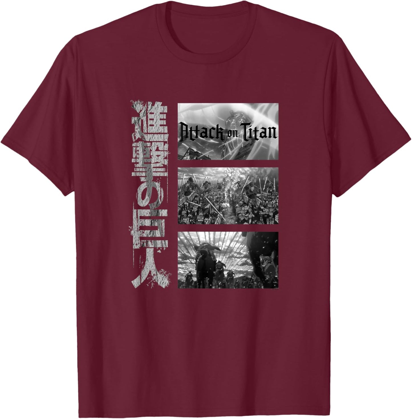 Attack on Titan Season 3 Three Scenes with Kanji Anime T-Shirt - T-Shirt | Maroon