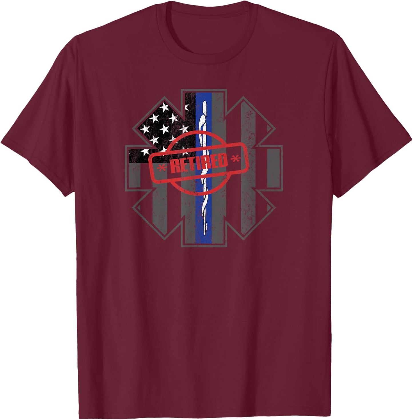 Retired EMT Paramedic Thin Blue Line Distressed T-Shirt - T-Shirt | Maroon