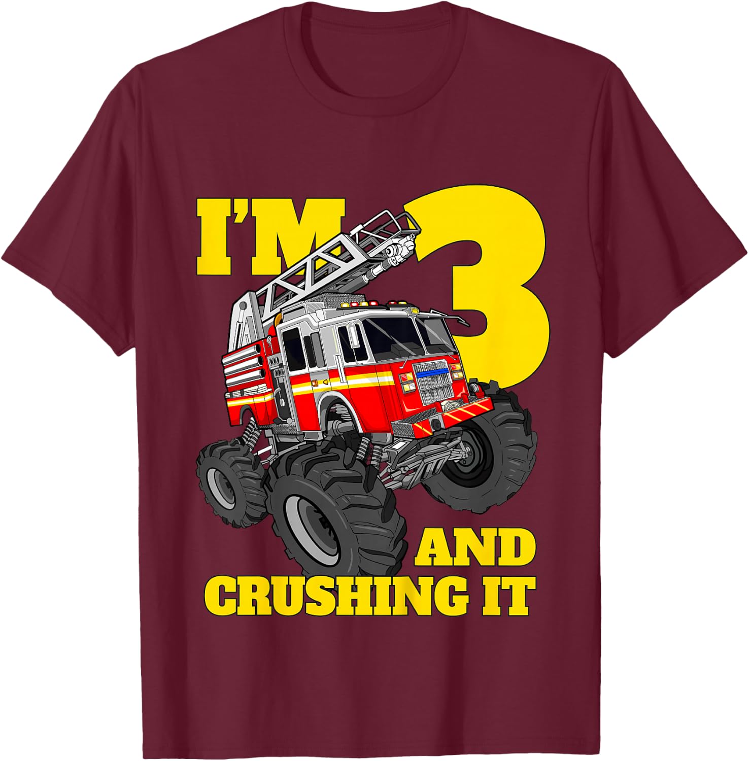 Kids Monster Fire Truck 3rd Birthday Boy Toddler 3 Firefighter T-Shirt - T-Shirt | Maroon