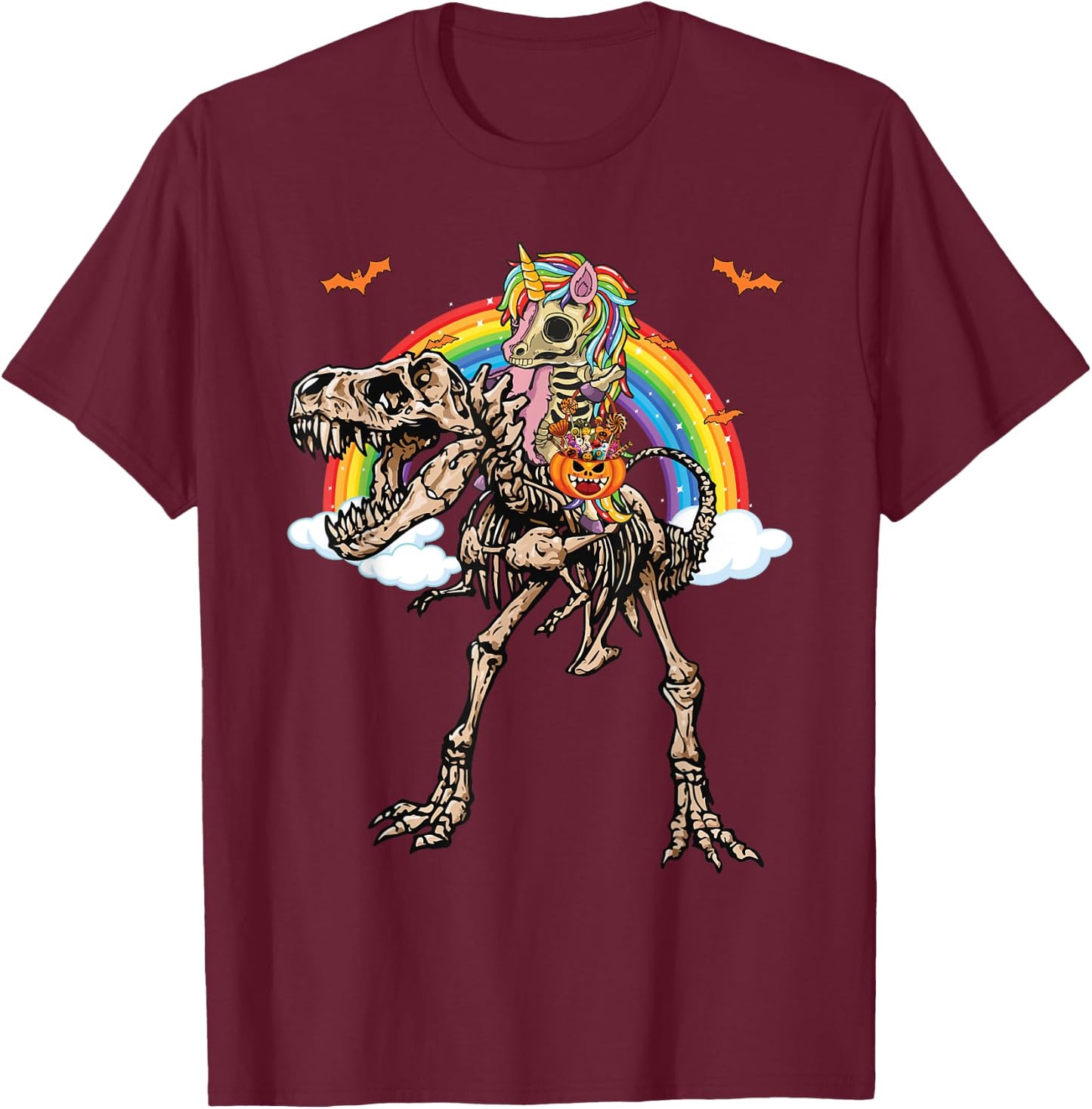 Skeleton Unicorn Riding Dinosaur T Rex Halloween T-Shirt - T-Shirt | Maroon