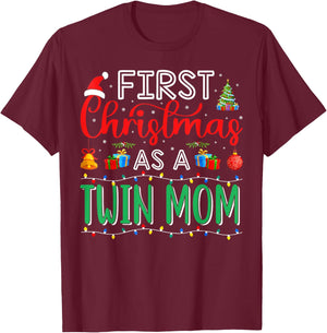 First Christmas As Twin Mom Family Matching New Twin Mom T-Shirt - T-Shirt | Maroon