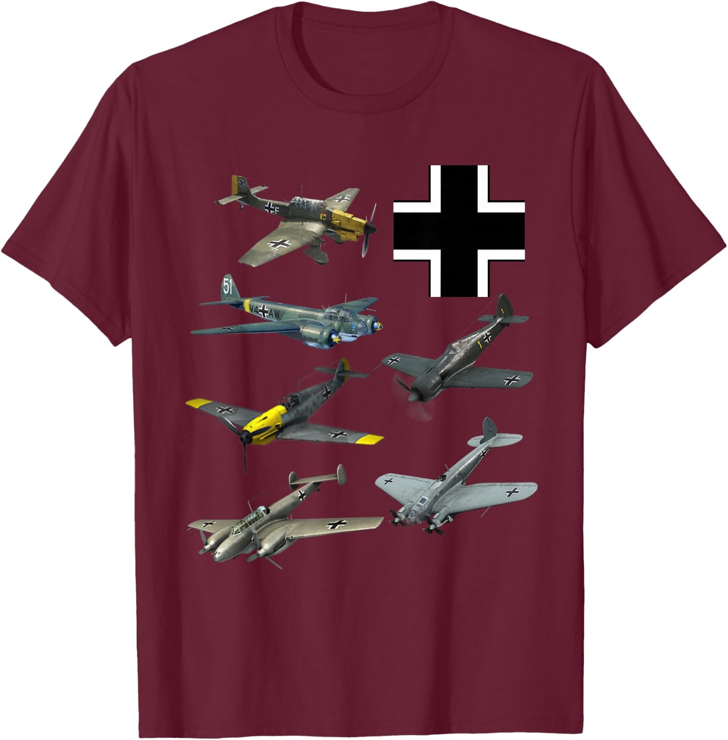 WW2 German Fighter JU-87 Stuka Bf 109 Fw190 T-Shirt - T-Shirt | Maroon