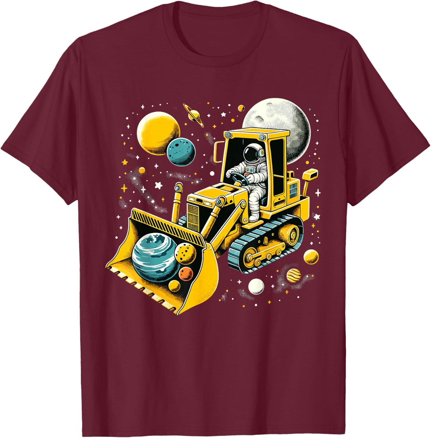 Astronaut Excavator in Space Planet T-Shirt - T-Shirt | Maroon