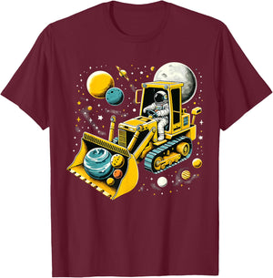 Astronaut Excavator in Space Planet T-Shirt - T-Shirt | Maroon