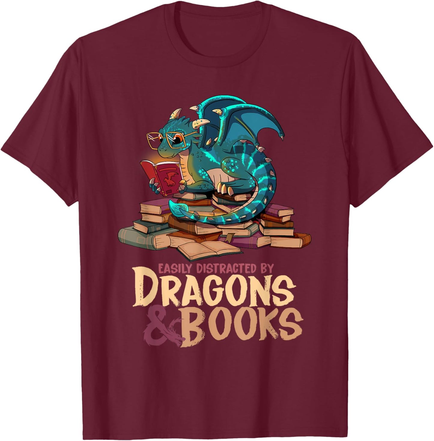 Easily Distracted By Dragons & Books Dragon Book Lover T-Shirt - T-Shirt | Maroon