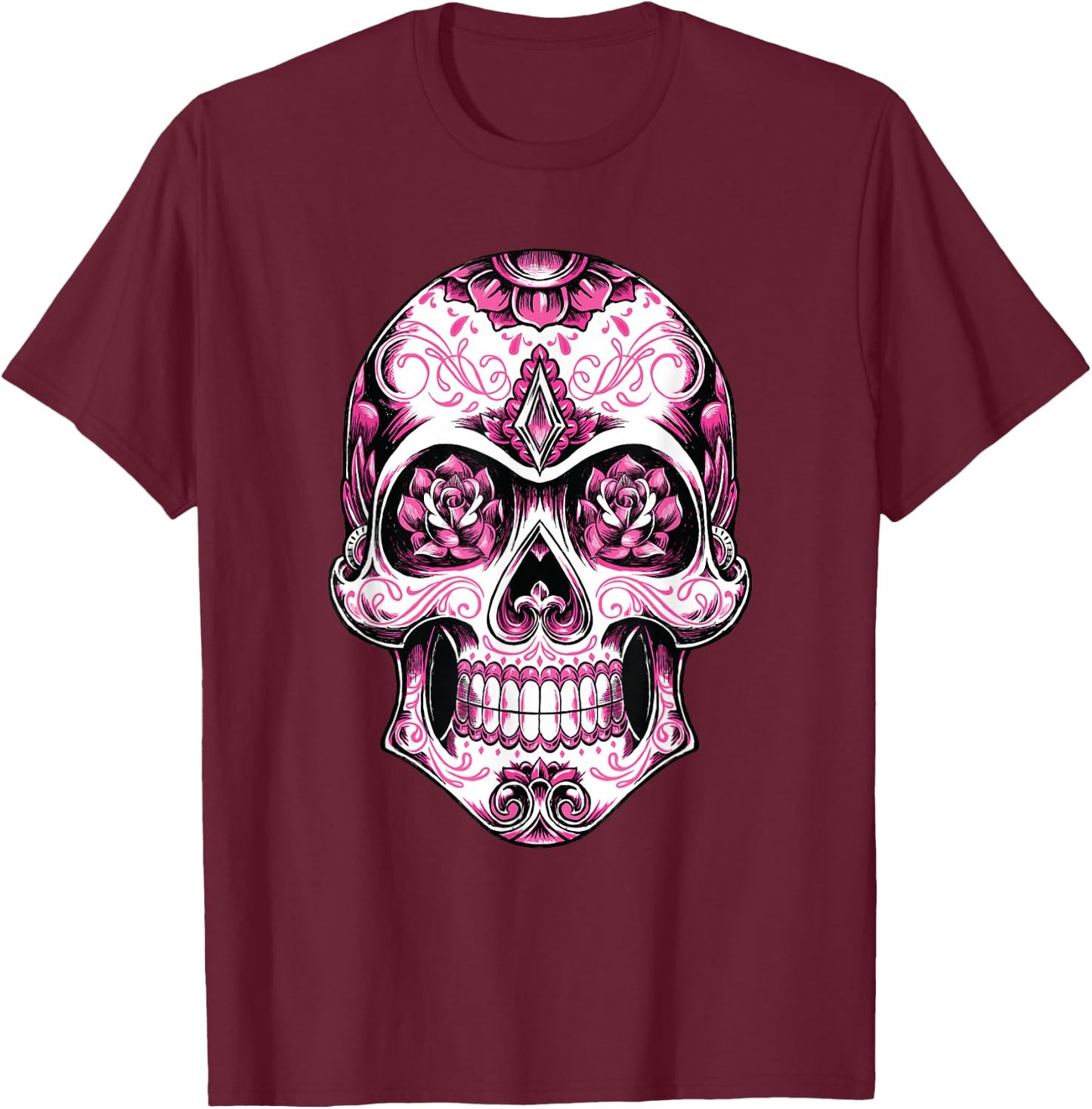 Breast Cancer Shirt Women Pink Sugar Skull T-Shirt - T-Shirt | Maroon