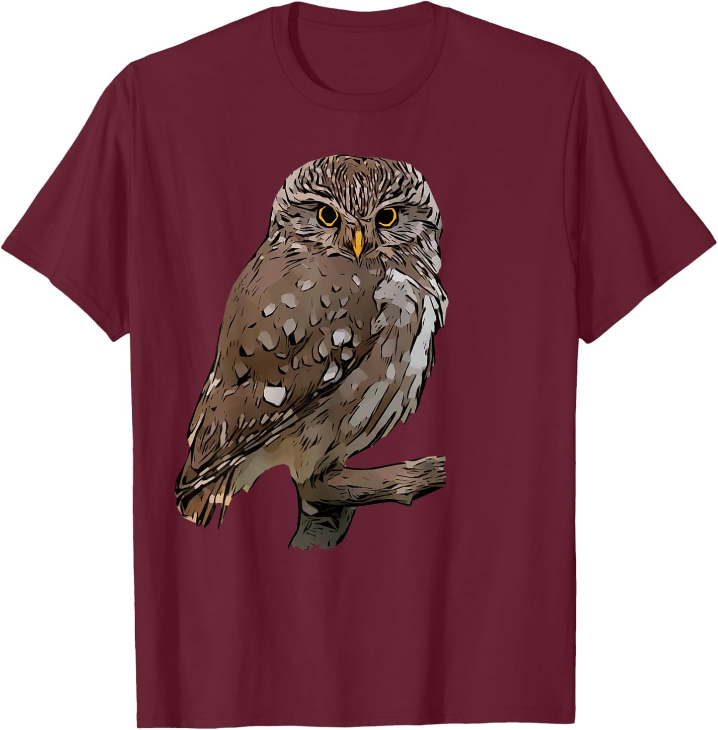 Realistic Owl Illustration on Tree Branch T-Shirt - T-Shirt | Maroon