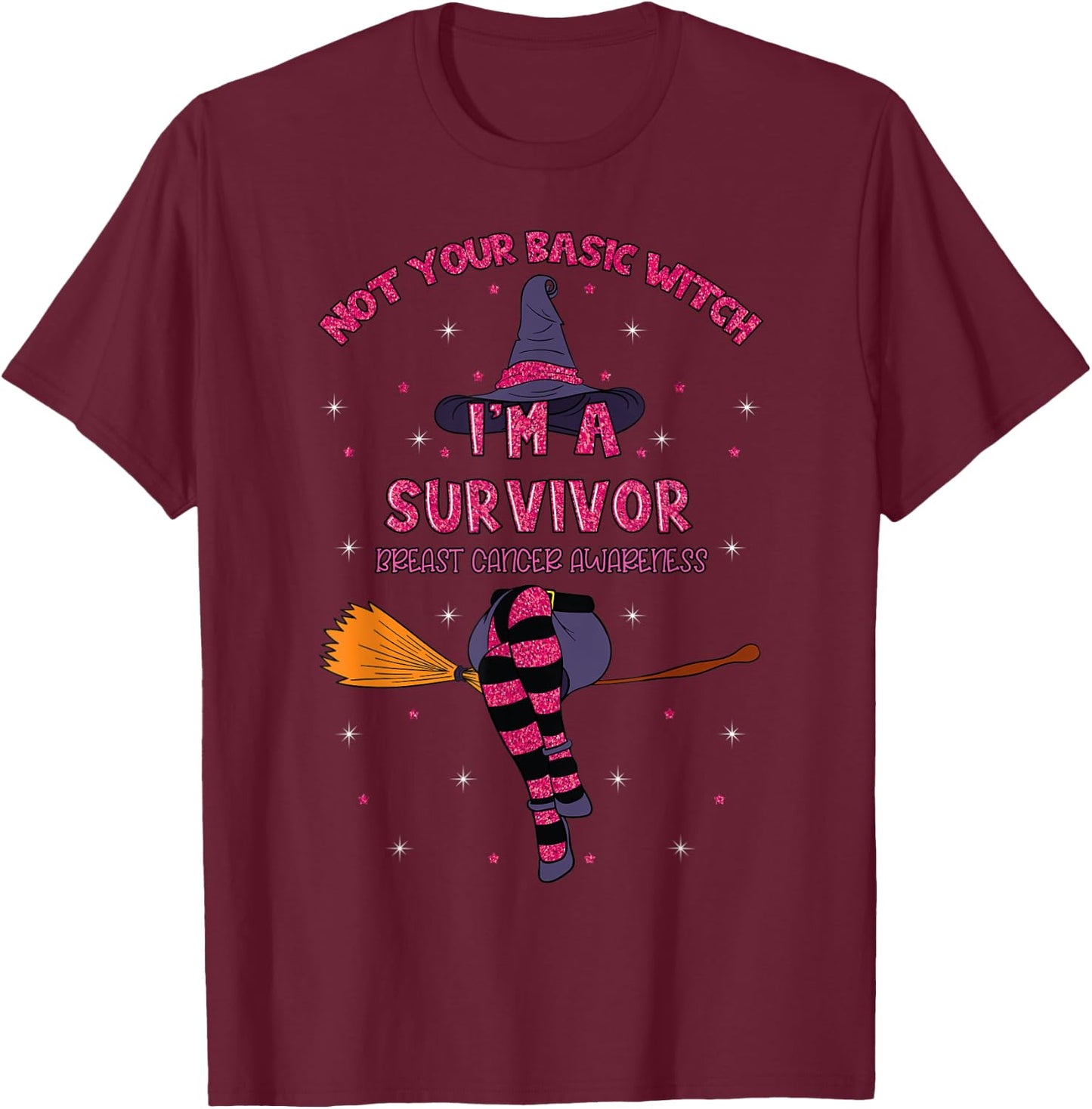 Halloween Witch Pink Awareness Ribbon Breast Cancer Survivor T-Shirt - T-Shirt | Maroon