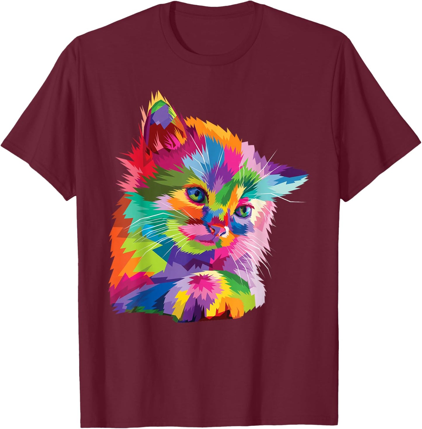 Rainbow Kitten Colorful Feline Mosaic Kitty Portrait T-Shirt - T-Shirt | Maroon