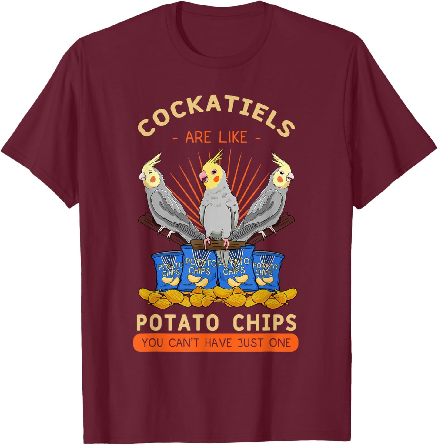 Cockatiel Potato Chips Cockatoo Lutino Parrot Quarrion Tiel , Black, Small T-Shirt - T-Shirt | Maroon
