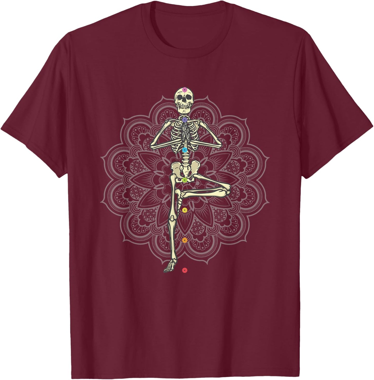 Yoga Skeleton in Vriksasana Pose Chakra T-Shirt - T-Shirt | Maroon