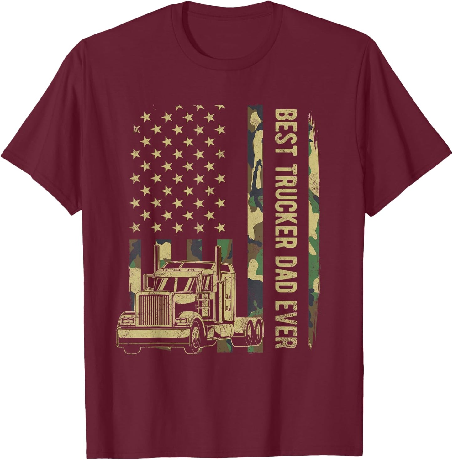 Best Trucker Dad Camouflage American Flag Fathers Day T-Shirt - T-Shirt | Maroon
