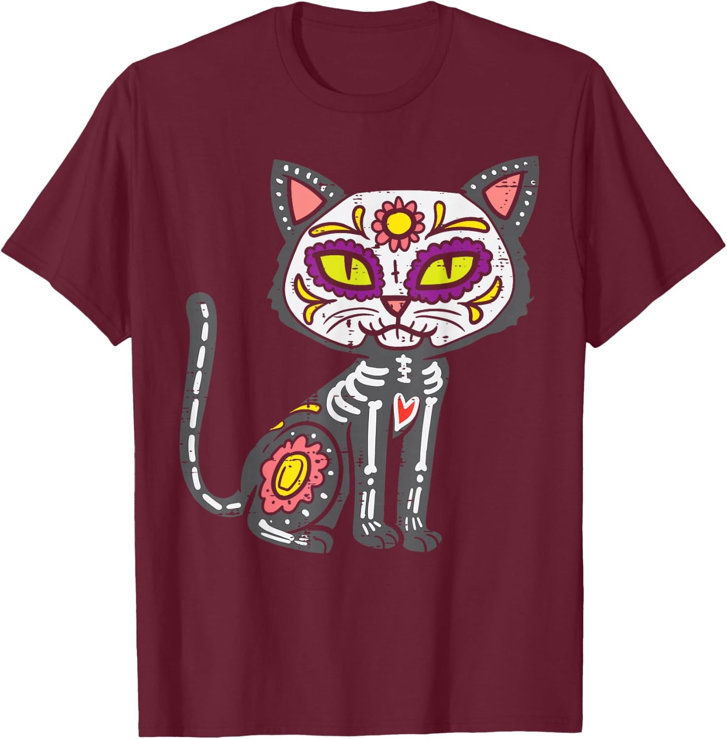 Sugar Skull Cat Dia De Muertos Day Of Dead Halloween Mexican T-Shirt - T-Shirt | Maroon