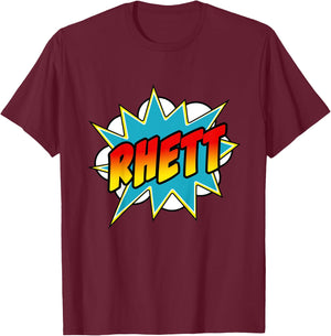Kids Boys Rhett Name Comic Book Superhero T-Shirt - T-Shirt | Maroon